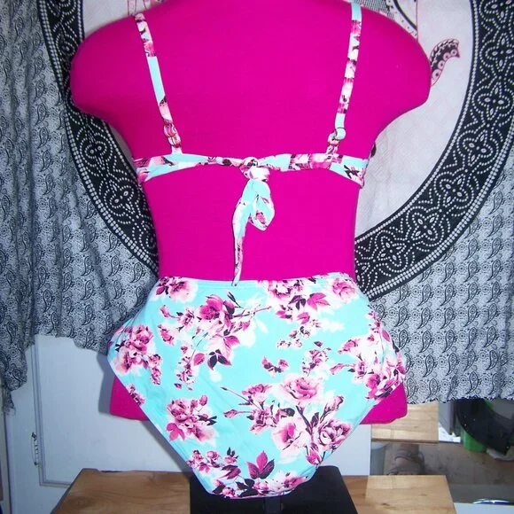 Liz Claiborne Teal Bikini with Cherry Blossoms Sz 10 - Picture 4 of 6